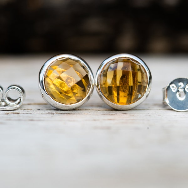 Citrine 9mm Stud Earrings Checkerboard Cut Round Citrine and Sterling Silver 9mm stud earrings - 9mm Stud Earrings Sterling Silver Earrings