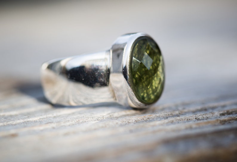 Moldavite Ring size 8 Moldavite Ring 8 Moldavite Ring Size 8 Checkerboard cut Moldavite Half Raw Half Checkerboard Cut Ring size 8
