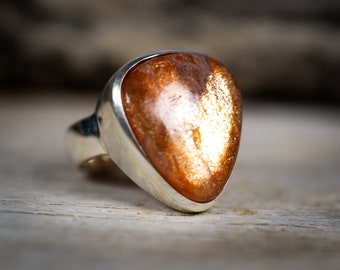 Sunstone Ring 9.75 - Sunstone cabochon ring in Sterling Silver - Sunstone Jewelry - Sunstone Sterling Silver Ring - orange sunstone 9.75
