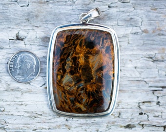 Pietersite Pendant - Large Pietersite Sterling Silver Pietersite Pendant - Gorgeous Pietersite Pendant Gold, Blue, Bronze - Pietersite