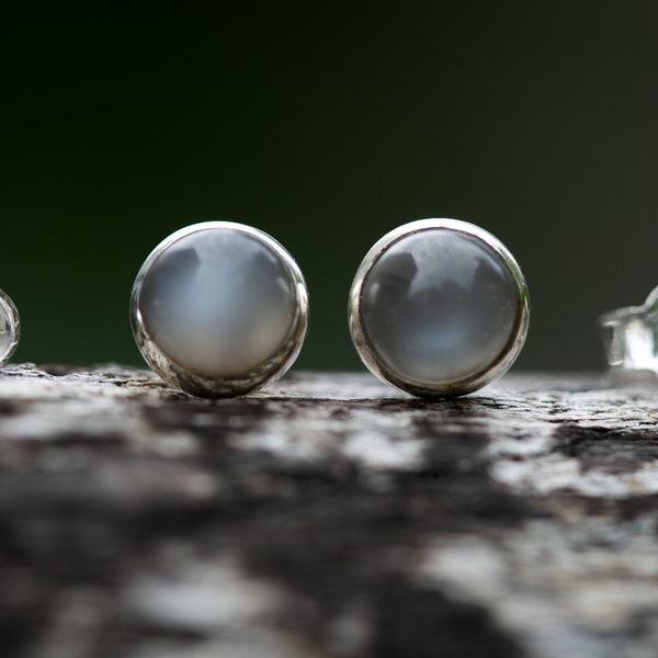 Grey Orthoclase Moonstone 7mm Stud Earrings - Round Grey Moonstone studs - Silver Orthoclase Moonstone Earrings - Natural Grey Orthoclase