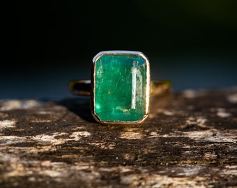 Emerald Ring 14K Gold Size 7.25 - Large Emerald Ring 14k Gold Engagement Ring Alternative - Natural Zambian Emerald Ring in 14k yellow gold