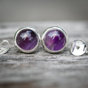Amethyst Sterling Silver Stud Earrings – 8mm Cabochon, February Birthstone