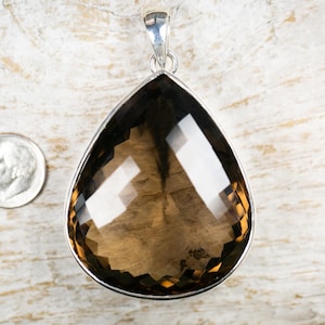Smoky Quartz Pendant - Extra Large Smoky Quartz Necklace - Checkerboard Cut Smoky Quartz drop Pendant -Quartz - Sterling Silver Smoky Quartz