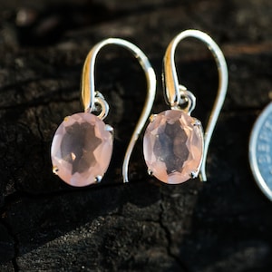 Rose Quartz Dangle Earrings: Sterling Silver Cut Gemstone