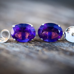 Amethyst Sterling Silver Stud Earrings – February Birthstone, 8x6mm