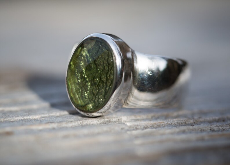 Moldavite Ring size 8 Moldavite Ring 8 Moldavite Ring Size 8 Checkerboard cut Moldavite Half Raw Half Checkerboard Cut Ring size 8