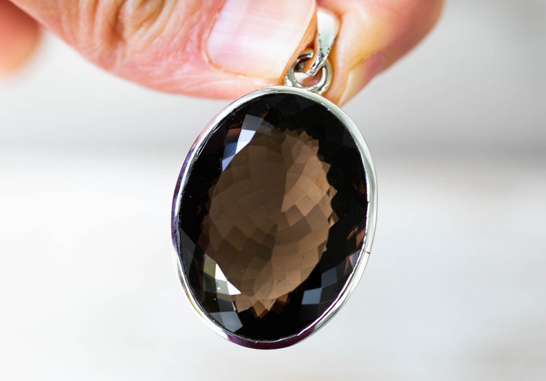 Large Oval Smoky Quartz Pendant - Sterling Silver Necklace image 2