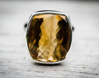 Large Checkerboard Citrine Sterling Silver Ring - Size 8
