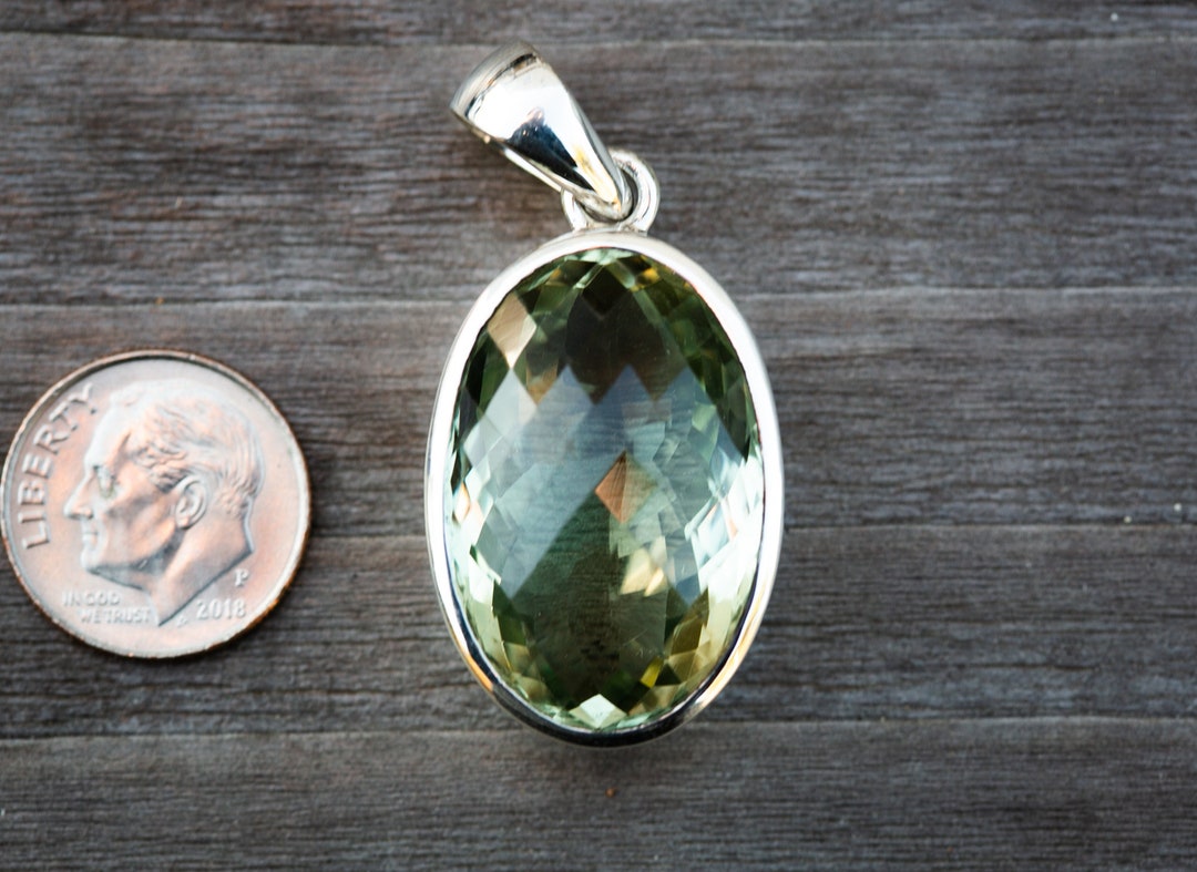 Green Quartz Prasiolite Pendant, Green Amethyst, Checkerboard Cut Green