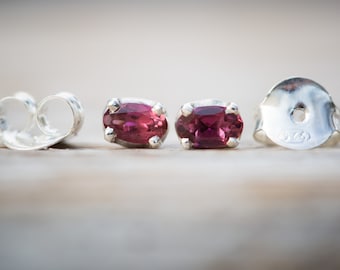 Pink Tourmaline Stud Earrings: 925 Sterling Silver Tiny Studs (6x4mm)