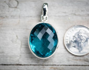 Natural Blue Green Fluorite Pendant Necklace: Checkerboard Cut Faceted Gemstone