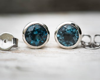 Blue Topaz White Gold Stud Earrings - London Blue Topaz Earrings -  London Blue Topaz  14k White Gold Earrings -  London Blue Topaz Studs