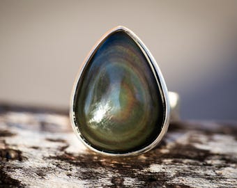 Sterling Silver Rainbow Obsidian Drop Ring - Size 8.25