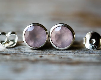 Rose Quartz Stud Earrings: 8mm Sterling Silver Gemstone