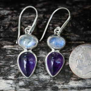 Moonstone Amethyst earrings in Sterling Silver - Rainbow Moonstone and Amethyst Earrings - Shimmering Rainbow Moonstone Purple Amethyst