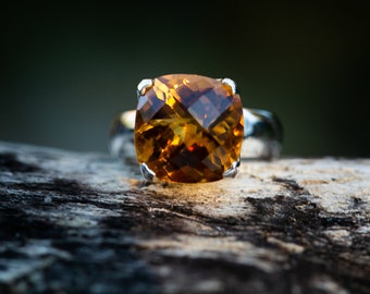 Checkerboard Citrine Ring: Sterling Silver Gemstone (Size 6-7.5) - November Birthstone