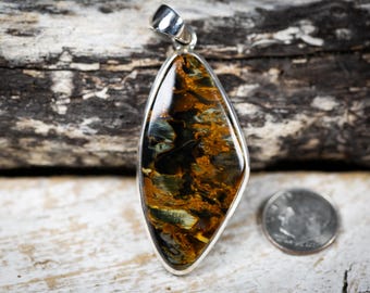 Large Pietersite Sterling Silver Pendant: Gold, Blue, Bronze Gemstone
