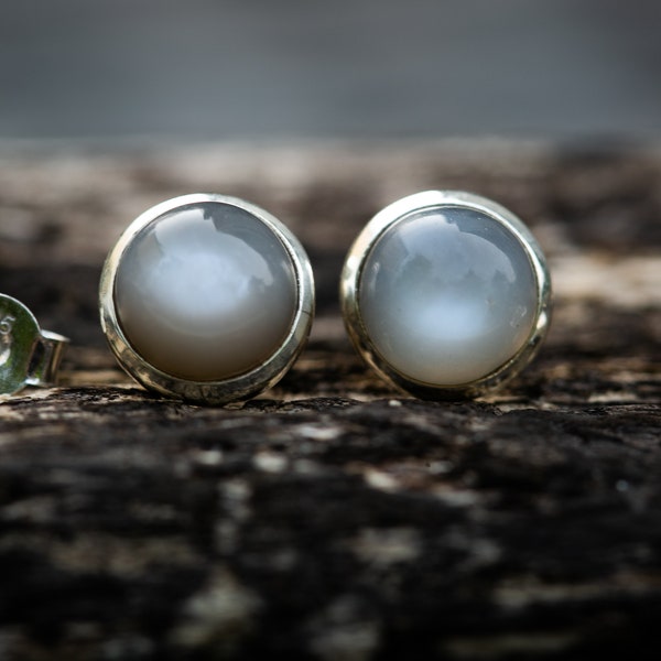 Grey Orthoclase Moonstone 10mm Stud Earrings - Round Grey Moonstone studs - Silver Orthoclase Moonstone Earrings - Natural Grey Orthoclase