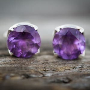 Amethyst Stud Earrings - 8mm Round Sterling Silver Birthstone Jewelry