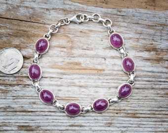 Ruby Cabochon Bracelet: Sterling Silver, 8 Stone Ruby, 7.75 Inches