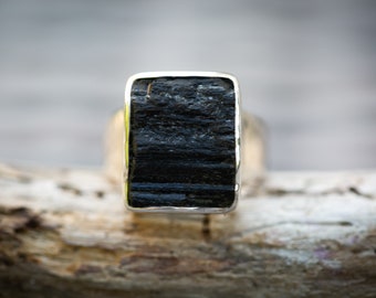 Black Tourmaline Ring 8 - Raw Uncut Black Tourmaline Slice Ring -  Unisex Raw Black Tourmaline Ring - Raw Uncut Black Tourmaline Ring 8