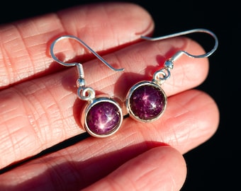 Sterling Silver Star Ruby Earrings - 10mm Dangle Gemstone