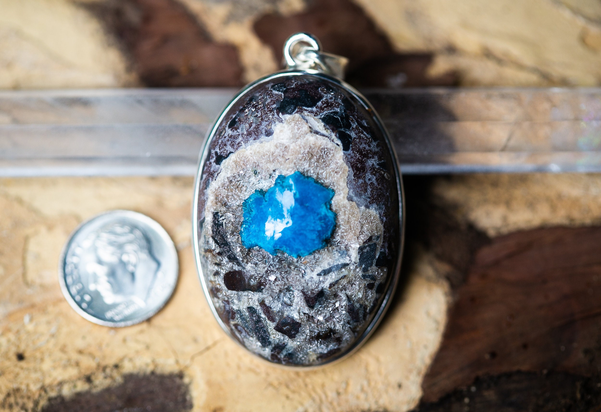Cavansite in Matrix Pendant Deep Teal Blue Cavansite in Matrix Pendant Cavansite Jewelry Cavansite Sterling Silver Necklace