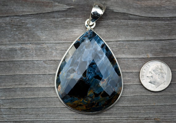 Sterling Silver Pietersite Pendant: Large Checkerboard Cut Gemstone
