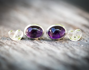 Amethyst Cabochon Studs - Sterling Silver February Birthstone Earrings