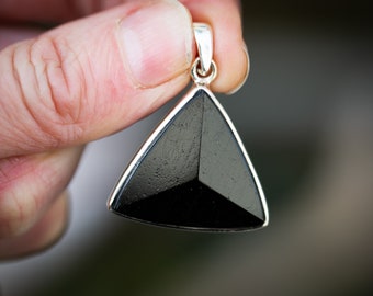 Black Tourmaline Triangle Pendant - 925 Sterling Silver Amulet