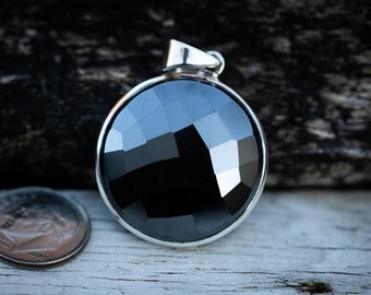 Hematite Pendant in Sterling Silver - Checkerboard Cut Haematite Sterling Silver Necklace - Round Hematite Pendant in Sterling Silver