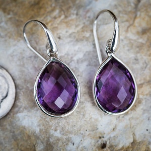 Amethyst Drop Earrings: Checkerboard Cut, Sterling Silver, February Birthstone