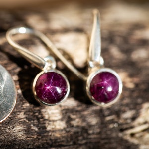 May include: A pair of silver earrings with a round, dark red gemstone. The gemstone has a star-like pattern.