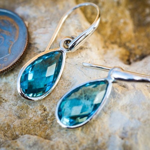 Blue Topaz Dangle Earrings Checkerboard Cut Blue Topaz Sterling Silver earrings - Blue Topaz Earrings - Sterling Silver Blue Topaz Earrings