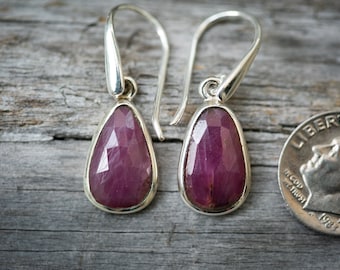 Sterling Silver Ruby Dangle Earrings – Faceted Purplish Pink Gemstone