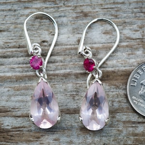 Rose Quartz Rubellite Earrings - Rose Quartz Pink Tourmaline Accent Earrings - Sterling Sliver Rose Quartz Earrings with Pink Tourmaline