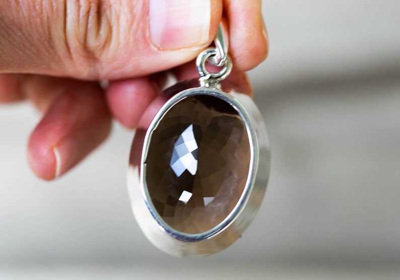 Large Oval Smoky Quartz Pendant - Sterling Silver Necklace image 8