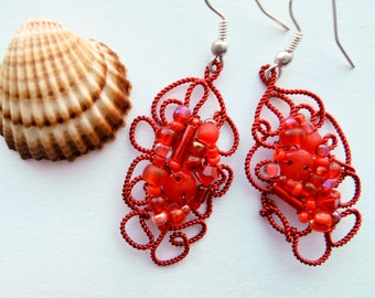 Red prom earrings Crimson red glass and copper earrings Stylish wire wrapped jewelry Scarlet red beaded earrings Bloody red elegant earrings