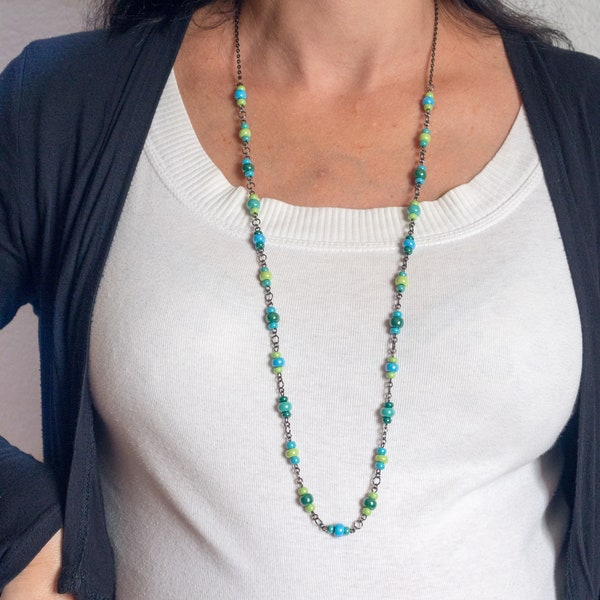 Green small glass bead necklace Comfy multi tone dangling necklace Sophisticated minimalist necklace Rosary style necklace Colorful sweet