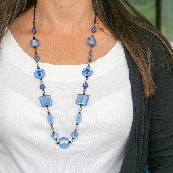 Glass necklace Long blue necklace Unique beaded necklace Delicate large bead necklace Foil bead necklace Classic office necklace One strand