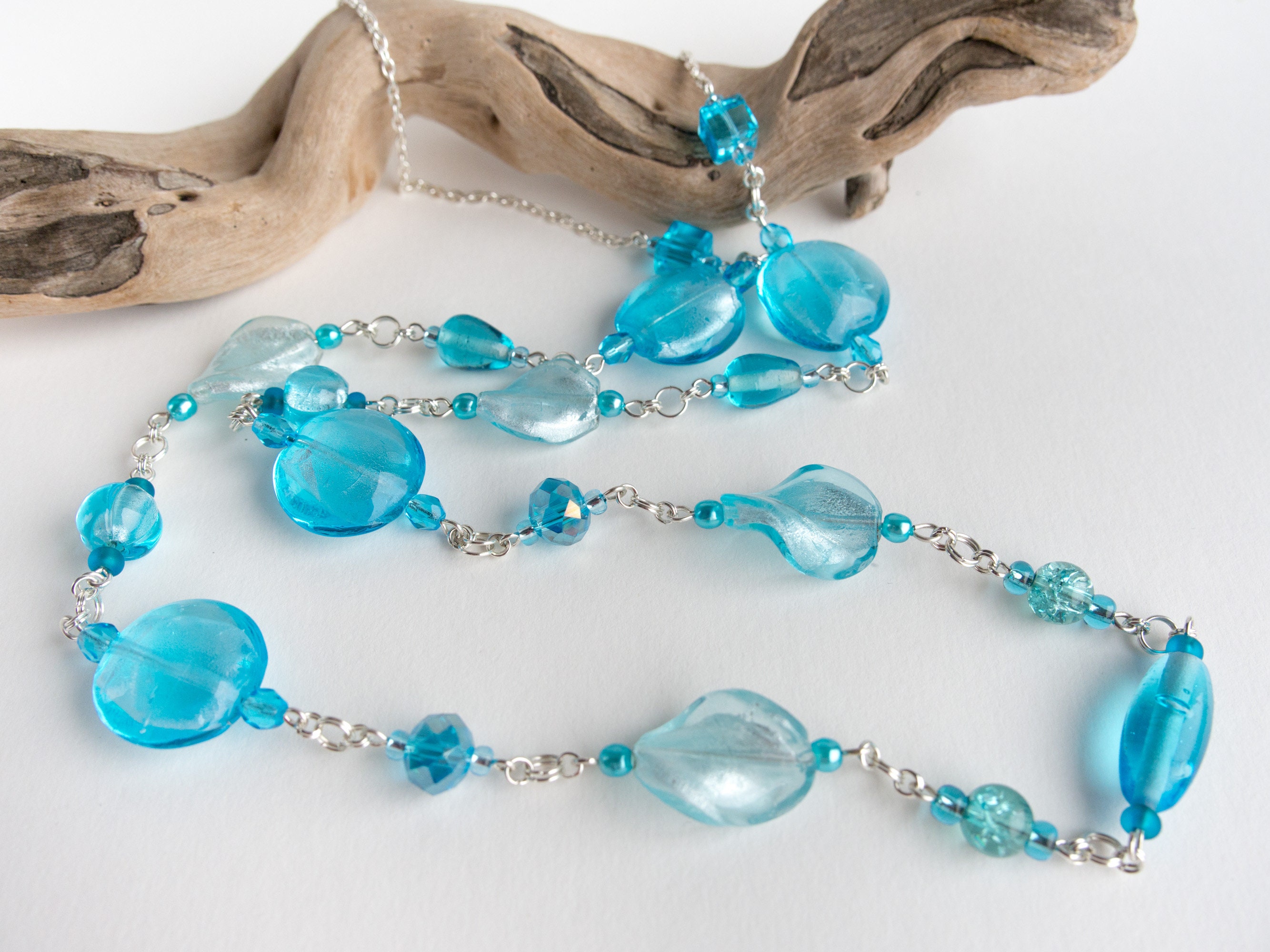 Dainty Light Blue Glass Bead Necklace for Every Day Long Turquoise ...