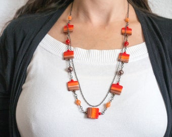 Red shell necklace Multicolored seashell beach jewelry Bohemian long necklace Orange and brown color necklace Mother of pearl shell necklace