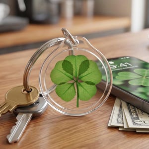 Preserved 5-Leaf Clover Acrylic Keychain: Good Luck Keepsake (1.375 Inch)