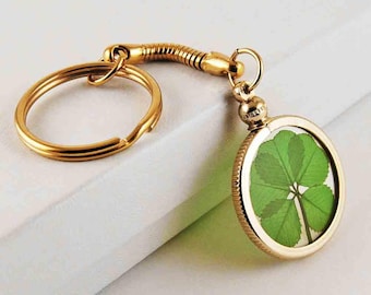 Gold Charm Keychain with a Real Genuine Five Leaf Clover - GK-5J