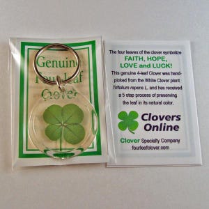 May include: A clear, circular keychain featuring a genuine four-leaf clover. The keychain is attached to a silver ring and is packaged with a card that reads "Genuine Four Leaf Clover" and "Clovers Online."