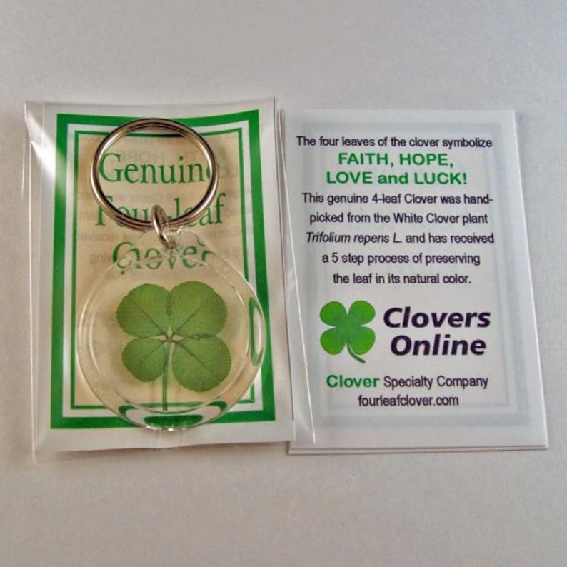May include: A clear, circular keychain featuring a genuine four-leaf clover. The keychain is attached to a silver ring and is packaged with a card that reads "Genuine Four Leaf Clover" and "Clovers Online."
