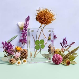 May include: A clear rectangular acrylic block frame containing a single pressed green four-leaf clover, surrounded by an arrangement of dried flowers including purple lavender, yellow thistle, white daisies, and brown pinecones.
