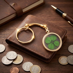 May include: A gold-toned metal keychain featuring a circular pendant with a clear glass front and back, enclosing a preserved four-leaf clover. The keychain has a flexible coiled connector and a standard round split ring for keys.