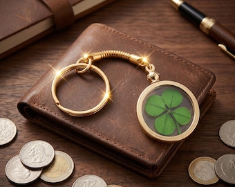 Good Luck Charm Gold Keychain with a Real Genuine Four Leaf Clover - GK-4J